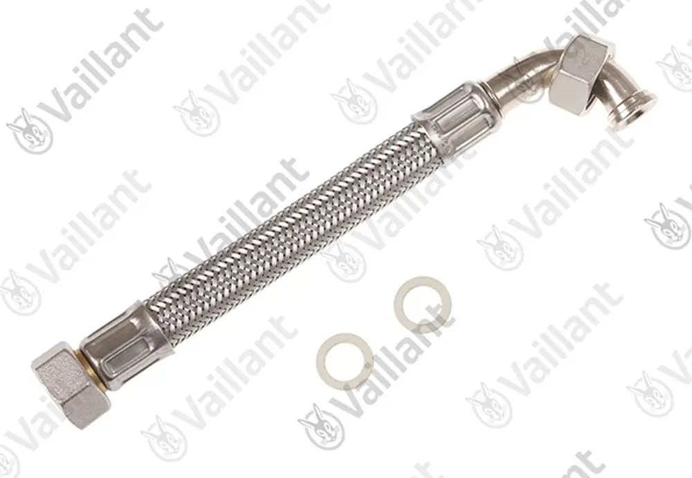 Edelstahlflexschlauch von Vaillant mit einer gebogenen Armatur, zwei Dichtungen und einem geflochtenen Design zur Verbindung von Heizungs- oder Rohrsystemen.